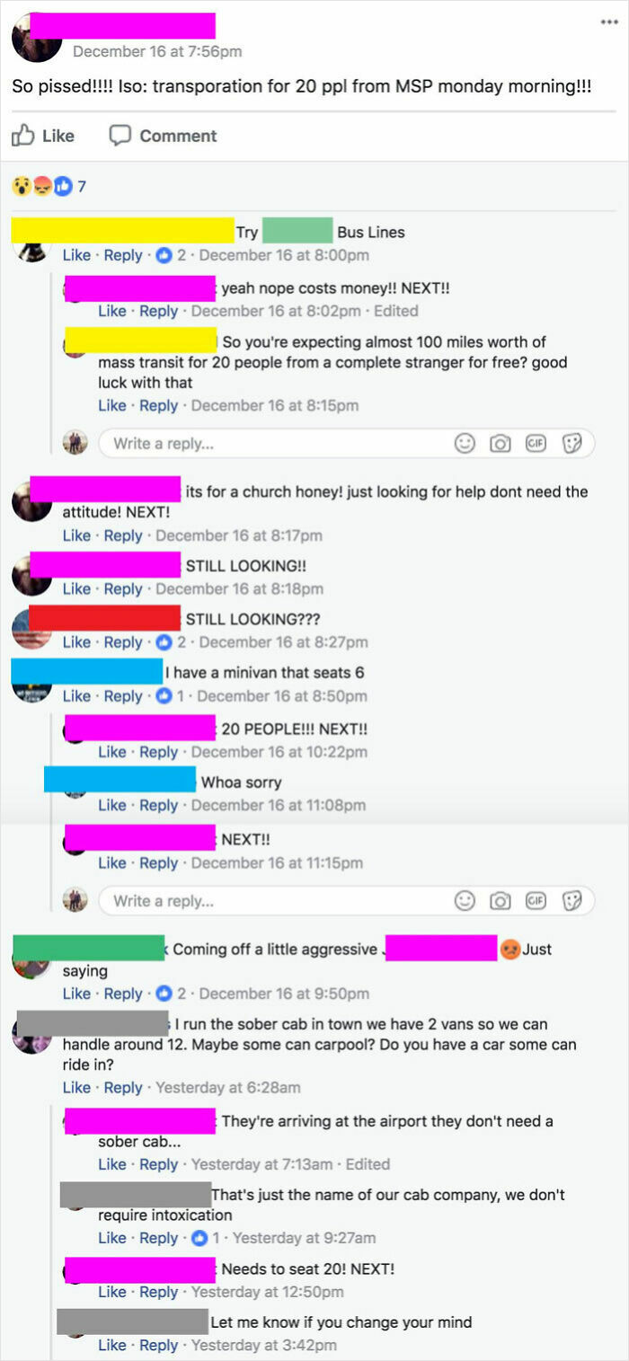 Facebook conversation showing entitlement and frustration over free transportation for 20 people, illustrating infuriating moments of entitlement.