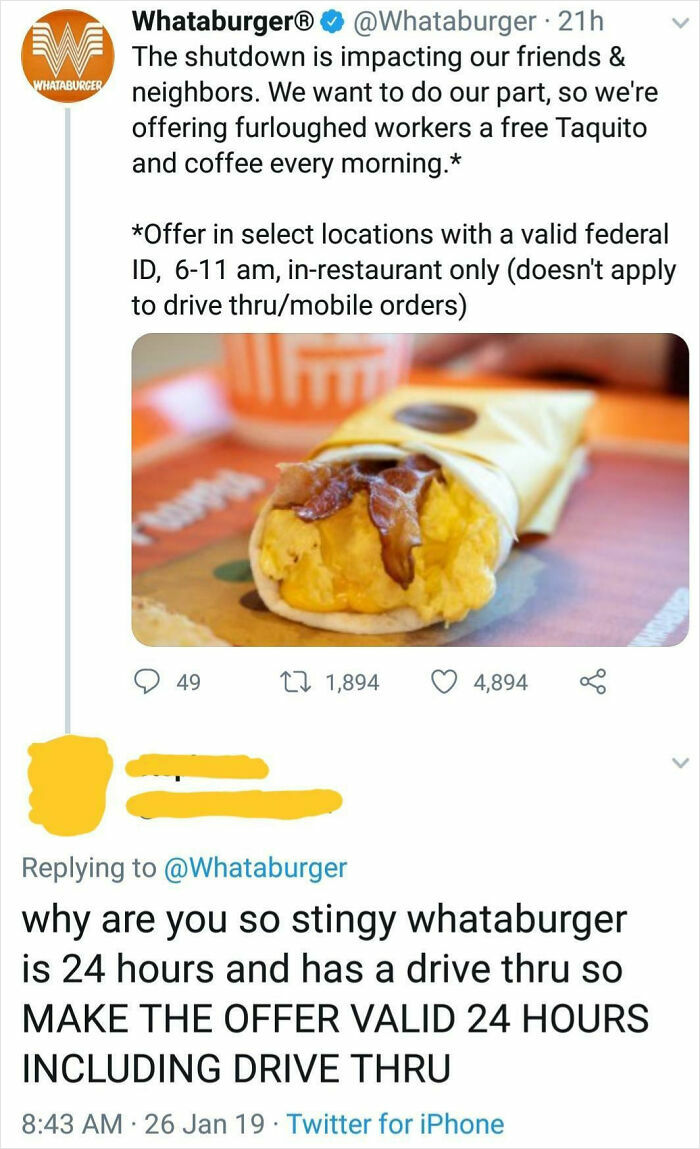 Whataburger Is Offering Free Breakfast Every Day To Furloughed Workers. They Even Announced They'll Keep It Going To Help Workers Get Back On Their Feet Despite The Government Reopening