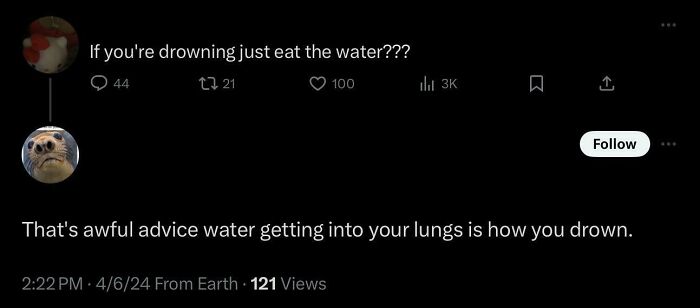 Screenshot of a social media exchange giving incorrect advice about drowning with humorous replies.