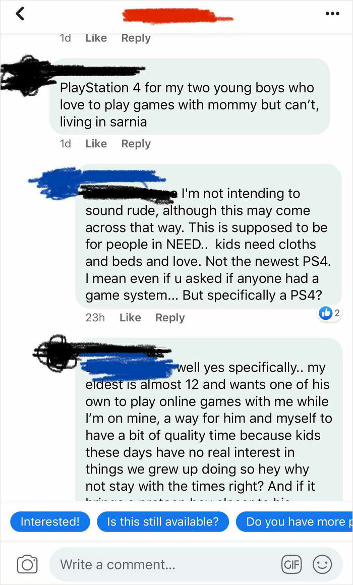 Screenshot of an online post showing entitlement in a conversation about requesting a PlayStation 4.