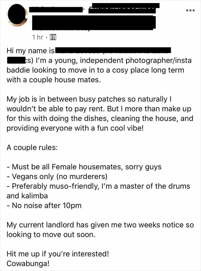 Social media post of a young photographer seeking free housing with female vegan housemates, showing entitlement.