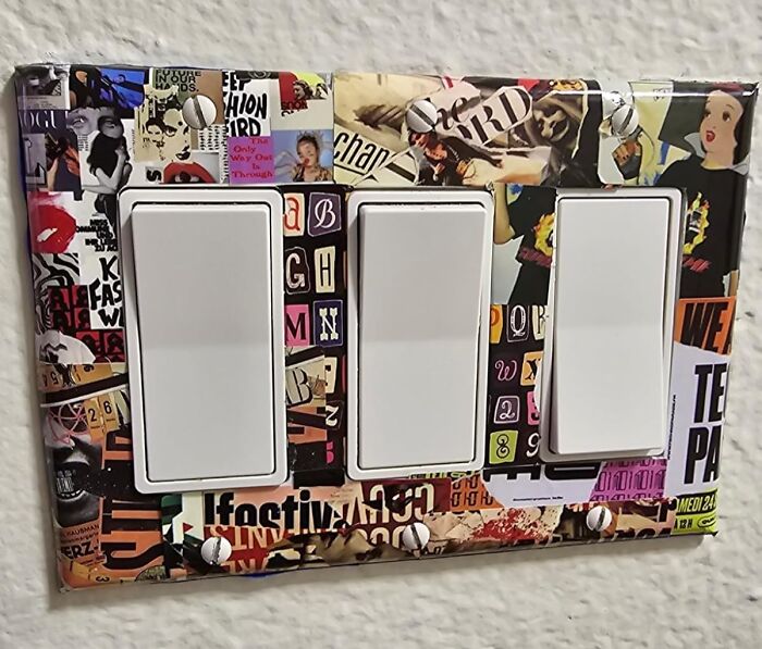 Light switch panel decorated with colorful arty collage, showcasing creative spirit in unique home decor find.