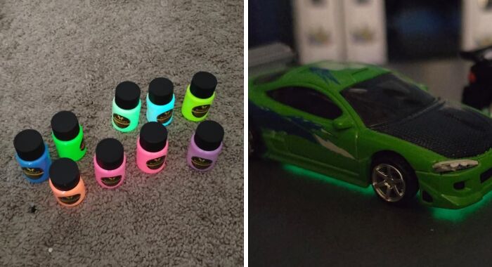 Brightly colored glow-in-the-dark paints glowing on carpet and a green toy car illuminated underneath, creative arty finds.