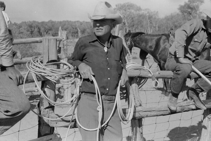 Vintage cowboy wearing a hat holding ropes near a wooden fence with horses in a classic western ranch setting.