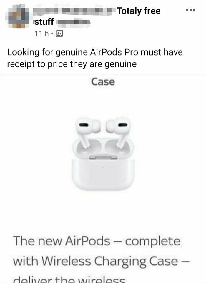 Person on social media demanding genuine AirPods Pro with receipt, showing entitlement in free stuff request.