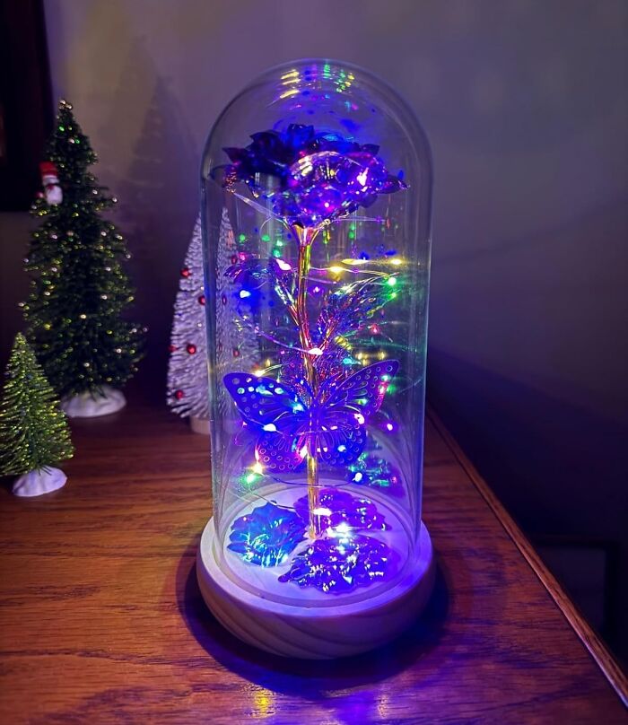 Glowing decorative art piece featuring a purple rose and butterfly under glass, showcasing creative spirit and arty finds.