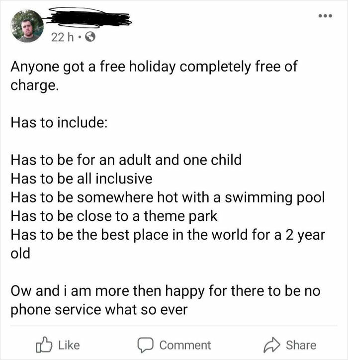 Social media post demanding a free all-inclusive holiday with specific features, showing extreme entitlement.