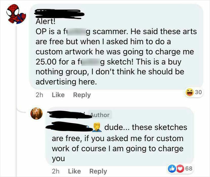 Screenshot of a social media argument showing entitlement over free artwork versus paid custom sketches.