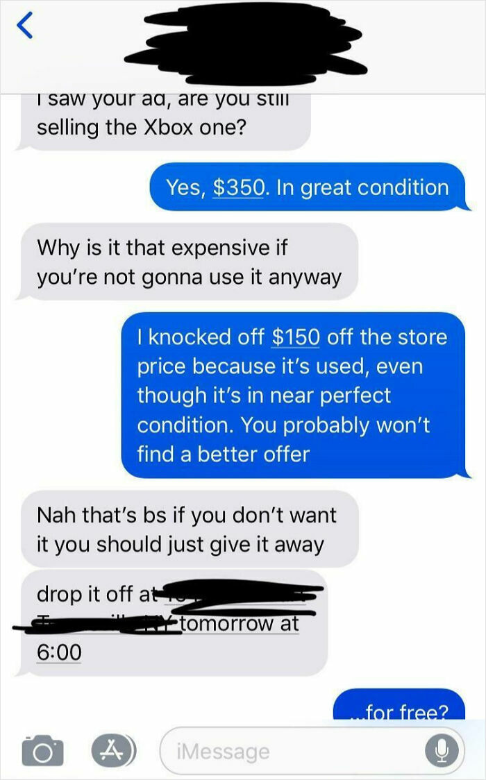 Text message conversation showing entitlement where one person demands a free item despite it being for sale.