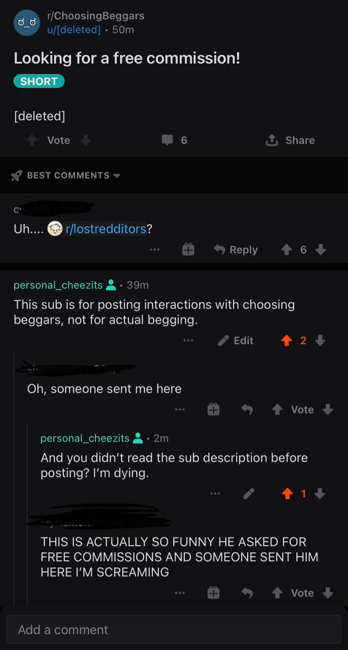 Reddit thread showing a user demanding free commissions, highlighting extreme entitlement and choosing beggars behavior.