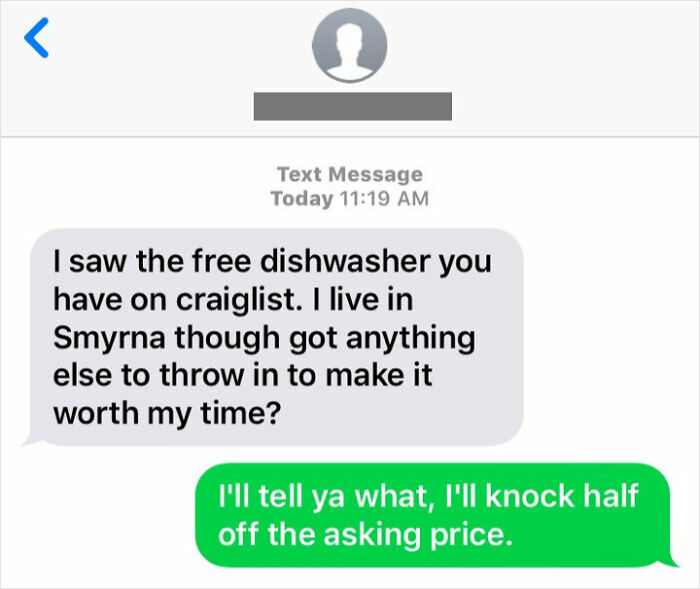 Text message exchange showing entitlement over a free dishwasher listing on Craigslist with negotiation attempt.