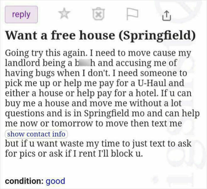Text post showing a person demanding a free house and help with moving, highlighting extreme entitlement moments.