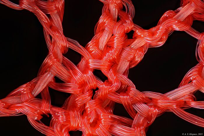 Close-up microscopic image of red intertwined fibers showing detailed texture and structure of ordinary materials.