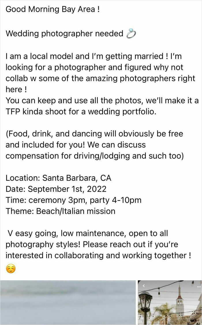 Request for a free wedding photographer collaboration showing entitlement in the context of wanting a free house.