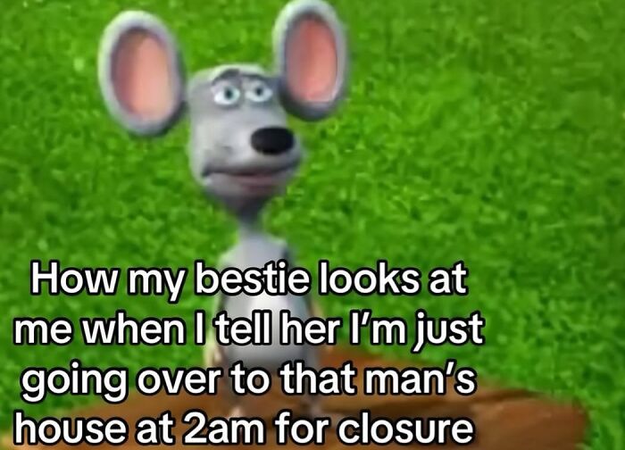 Animated mouse with wide ears and skeptical expression illustrating relatable memes about navigating the world as a woman today.