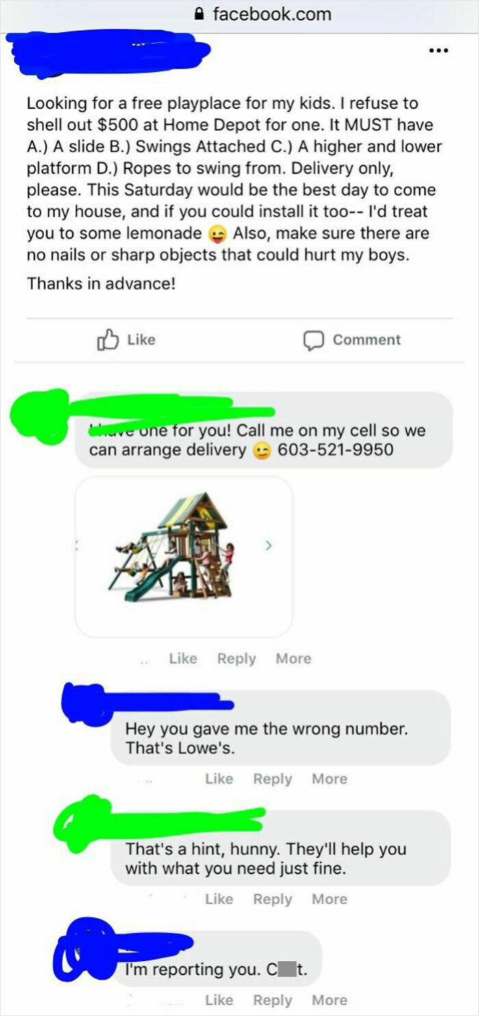 Facebook conversation showing entitlement demanding a free playset delivery and installation with conditions included.