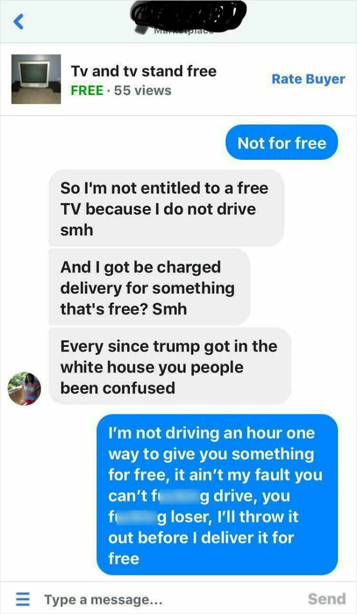 Screenshot of a marketplace chat showing entitlement over free TV delivery refusal and heated exchange.
