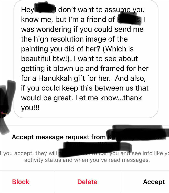 Message requesting a free high resolution image of a painting, showing entitlement in social media communication.