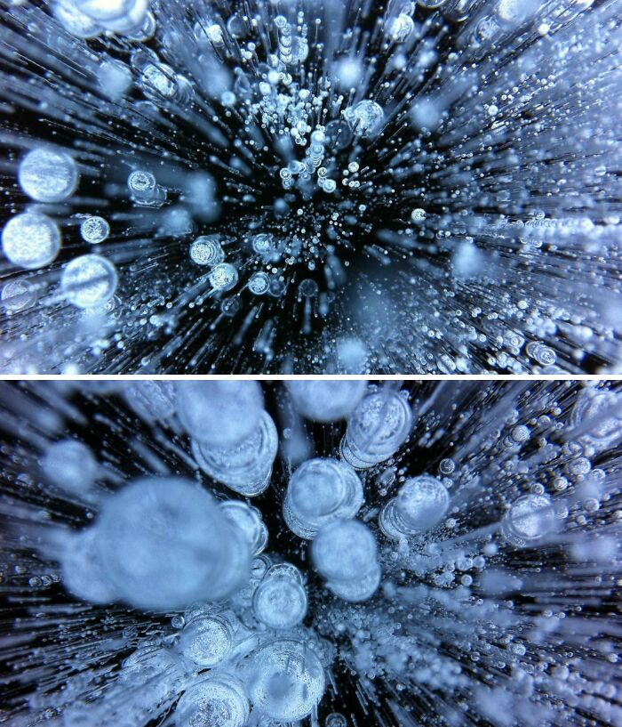 Close-up microscopic images showing detailed frozen bubbles trapped in ice with a unique perspective.