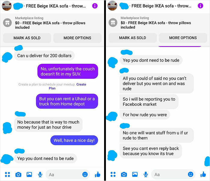 Chat conversation showing entitlement over free couch delivery, illustrating moments where entitlement reached cosmic levels.