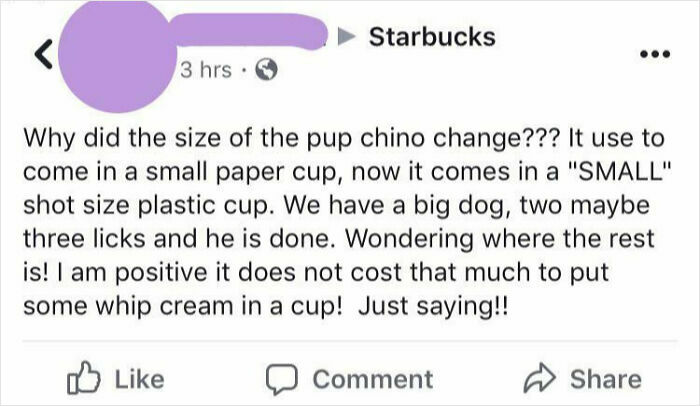 Social media post complaining about the size change of a pup chino cup showing entitlement and frustration.
