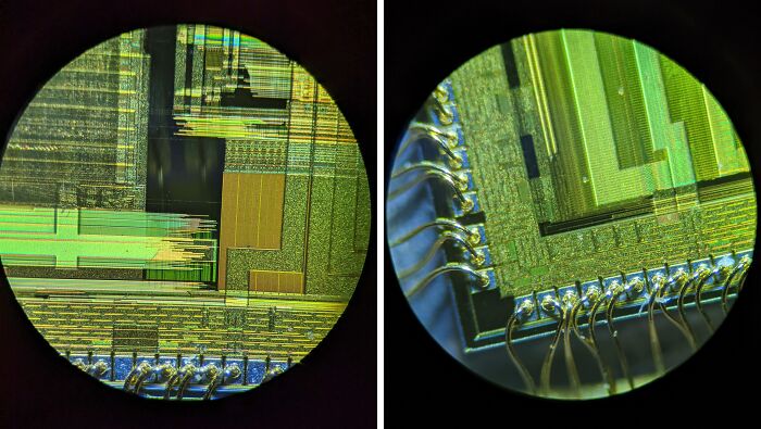 Close-up microscopic images showing intricate details of electronic circuit components and connections.