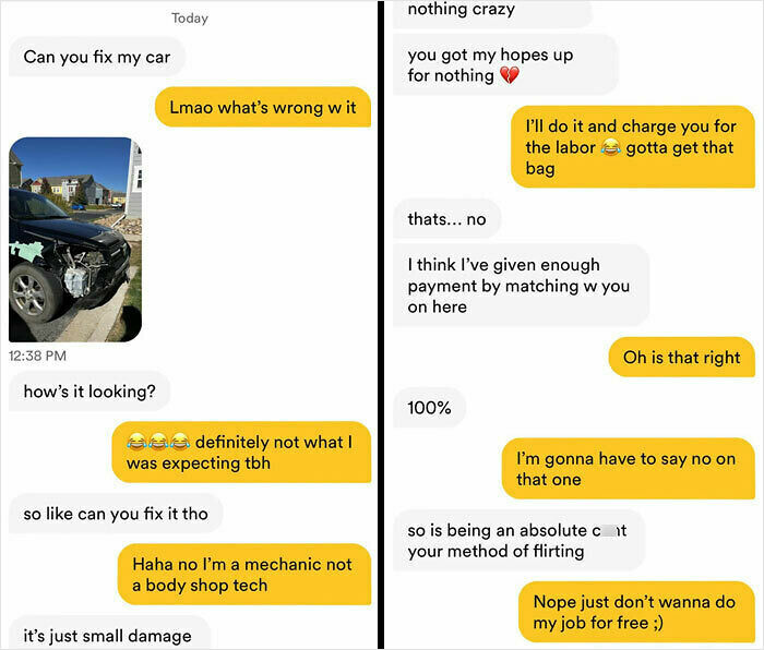 Text message conversation showing entitlement in asking for free car repair labor with a photo of a damaged car.