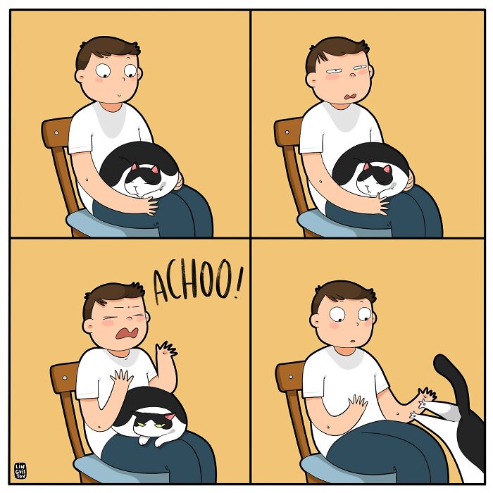 Cartoon shows a man living with a cat, illustrating hilarious and painfully accurate moments of cat owner life.