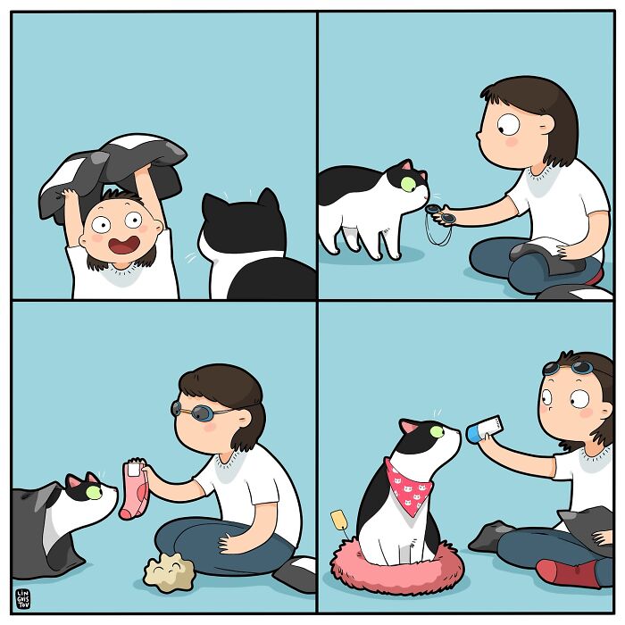 Comic strip showing artist hilariously capturing what it’s like to live with a cat through everyday interactions.