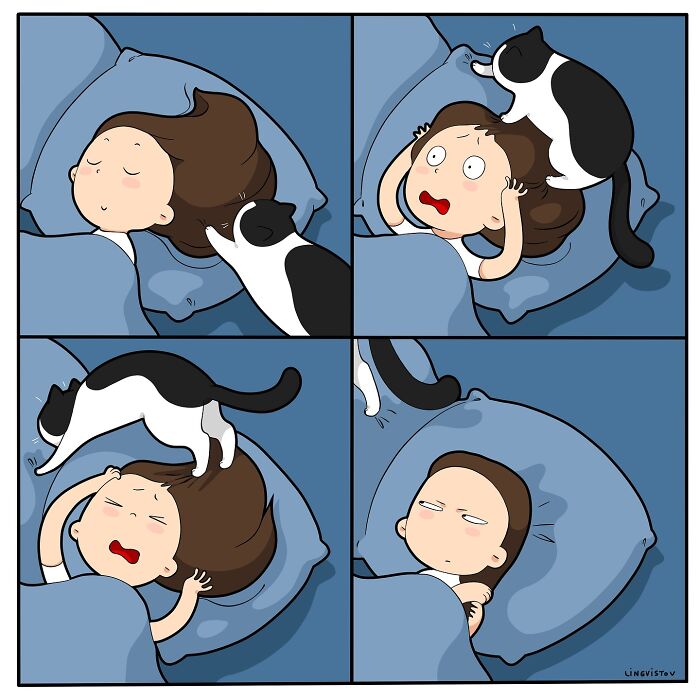 Cartoon woman struggling to sleep as a cat climbs and sits on her head, capturing what it’s like to live with a cat.