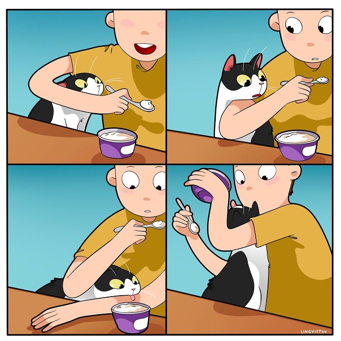 Comic strip showing a person trying to eat while a cat persistently tries to get the food, capturing what it’s like to live with a cat.