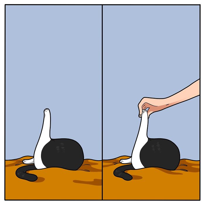 Cat artist captures the humorous and painfully accurate moments of living with a cat in a simple comic illustration.