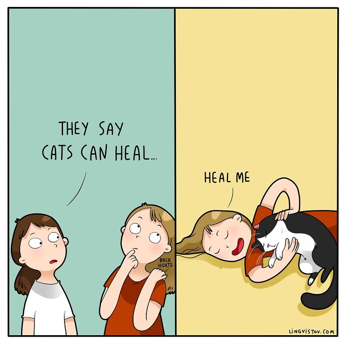 Two-panel cartoon showing a woman with back pain and a black and white cat, illustrating life with a cat humorously.