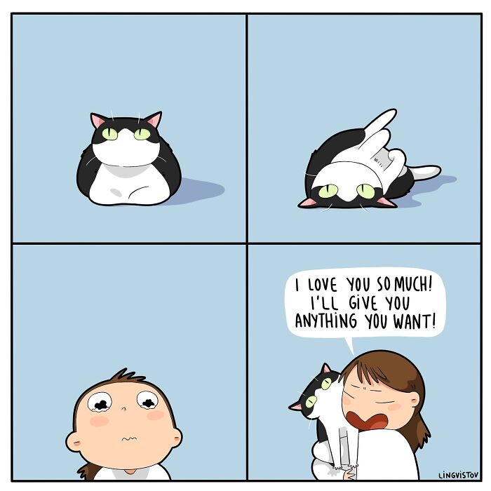 Illustration showing what it’s like to live with a cat, capturing funny and accurate moments between owner and pet.