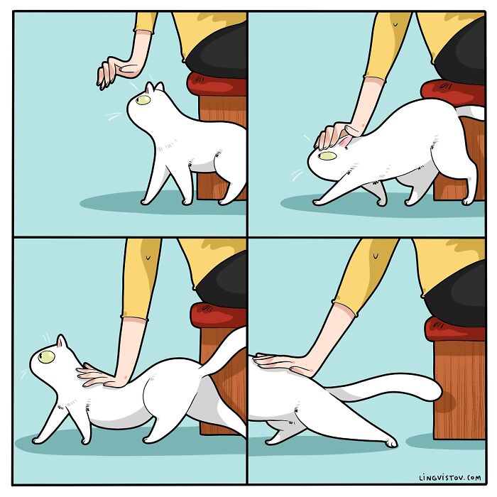 Illustration showing the hilarious and accurate moments of living with a cat, including petting and unexpected cat movements.