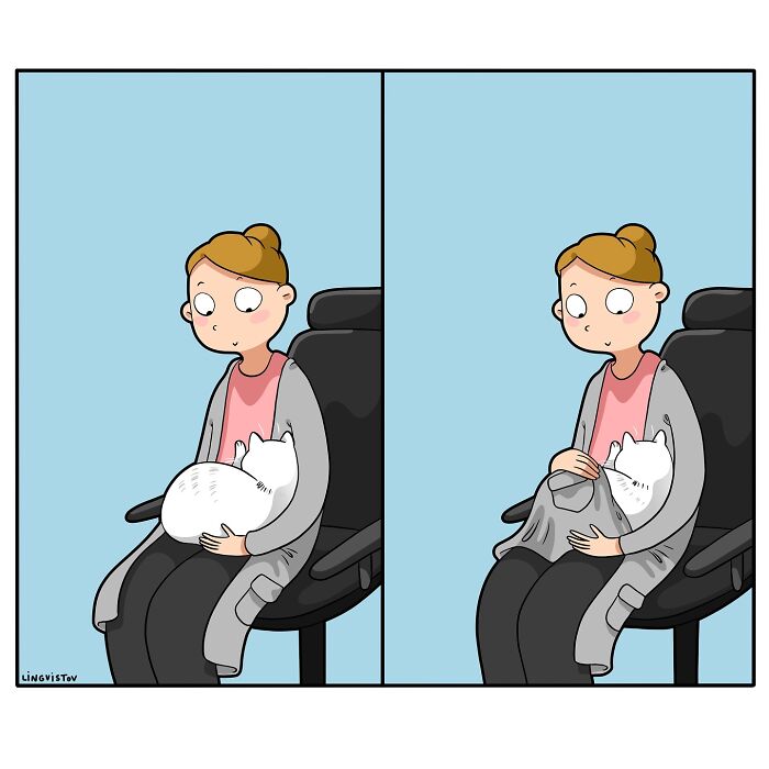 Illustration of a person living with a cat, showing the humorous and accurate moments of cat ownership.