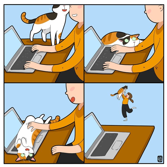 Four-panel comic showing a person struggling to work on a laptop as a cat interrupts, capturing what it’s like to live with a cat.