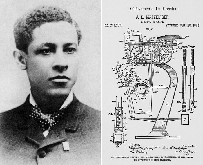 Portrait of inventor J.E. Matzeliger next to a detailed patent drawing of a lasting machine invention by people of color.