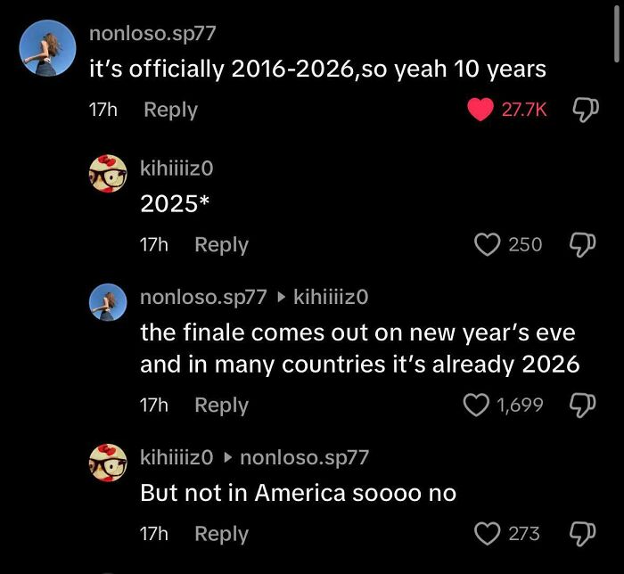 ALT text: Social media conversation discussing years 2016-2026, highlighting 2026 and a comment about America, referencing American hero topic.