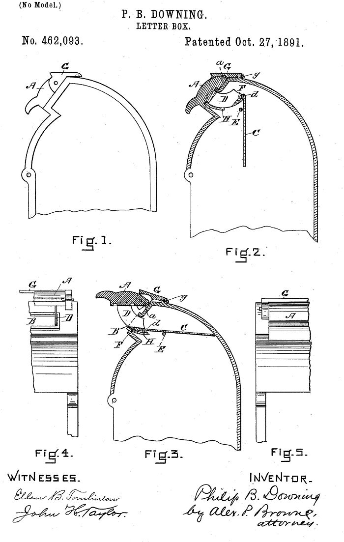 Patent drawings of a letter box invention by Philip B. Downing, showcasing world-changing inventions by people of color.