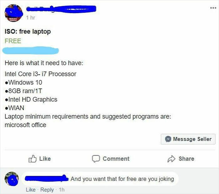 Social media post demanding a free laptop with high specifications, showcasing entitlement in online requests.
