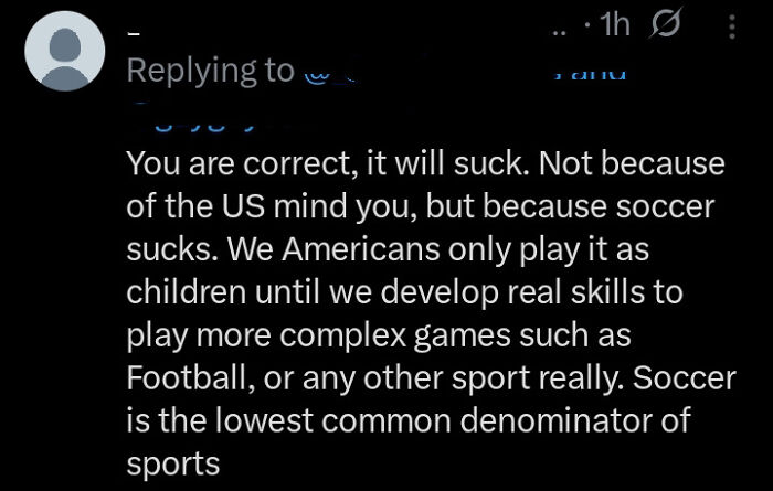 Screenshot of a social media comment criticizing soccer and discussing American sports preferences and skills.