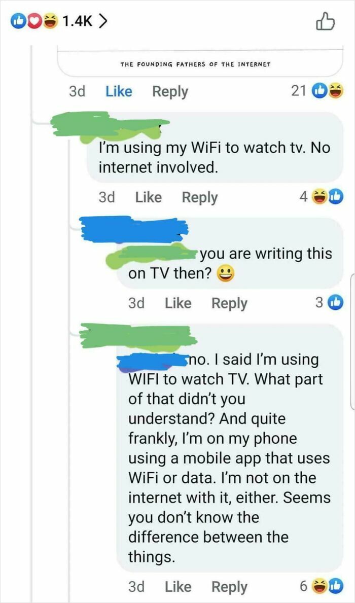 Screenshot of a funny internet comment thread showing confusion about using WiFi to watch TV and internet usage.