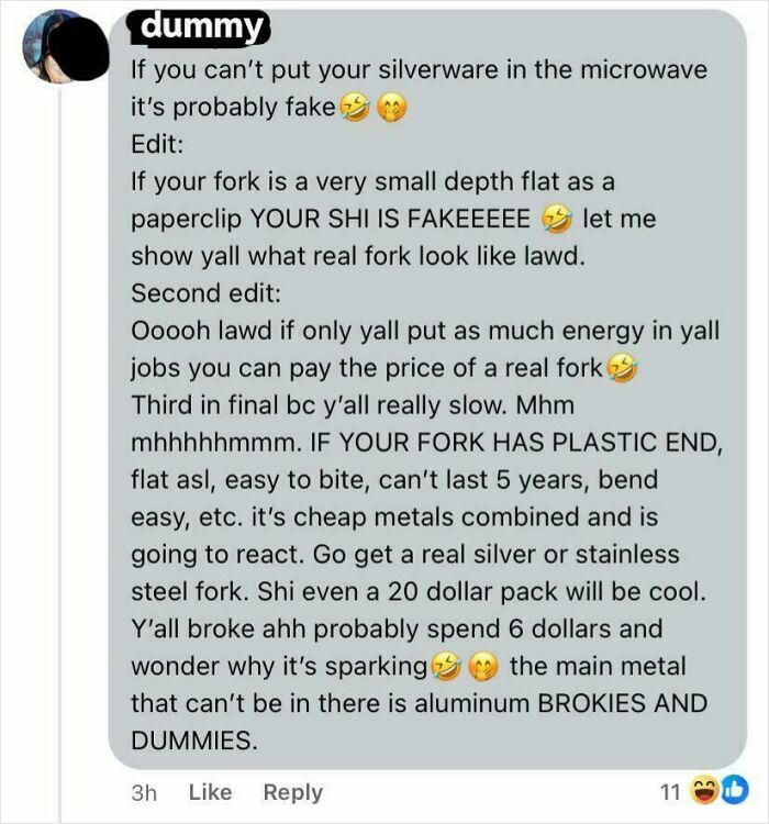 Screenshot of a social media comment humorously critiquing fake silverware and real fork quality discussions.