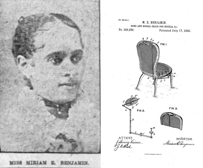 Portrait of Miriam E. Benjamin next to her patented gong and signal chair invention, a notable invention by a person of color.