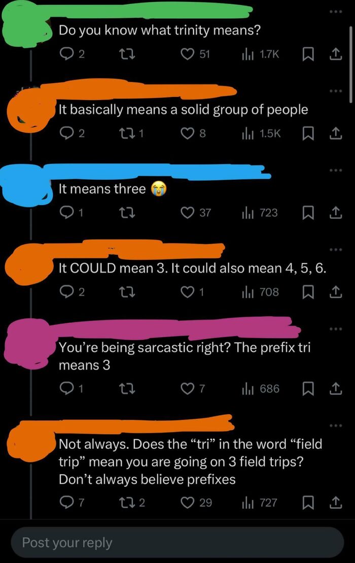 Twitter conversation debating the meaning of trinity and the prefix tri, highlighting misunderstandings and sarcasm.