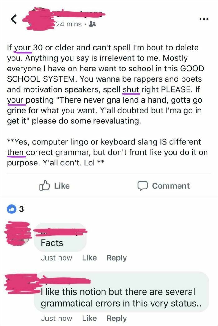 Facebook post criticizing grammar with highlighted errors, illustrating language misuse that makes the world facepalm.