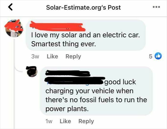 Social media post discussing solar energy and electric cars with skepticism about fossil fuels powering plants.
