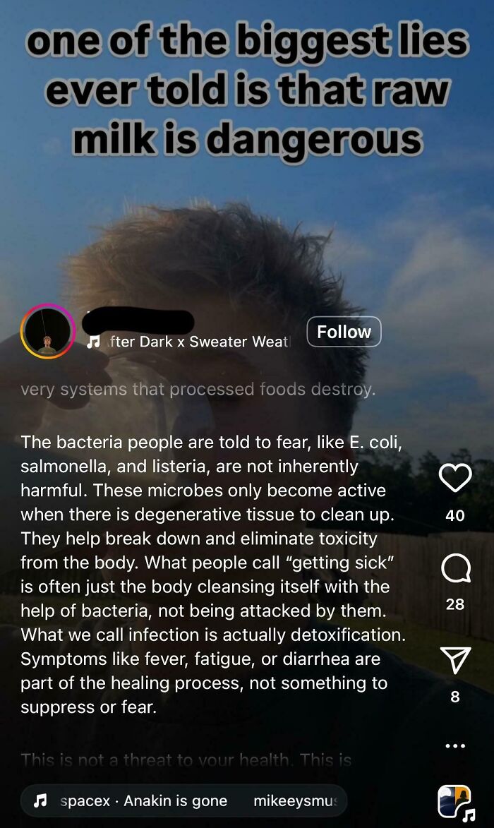 Text on image about raw milk safety with a person in background under a blue sky, related to Steve Irwin American hero topic.