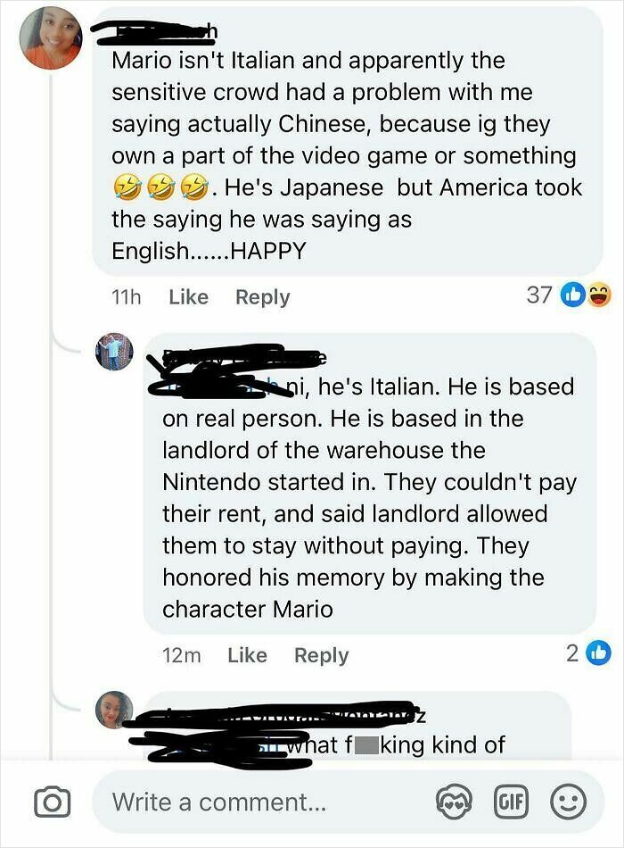 Alt text: Online discussion about Mario's origin with Americans debating cultural and historical facts and misunderstandings.